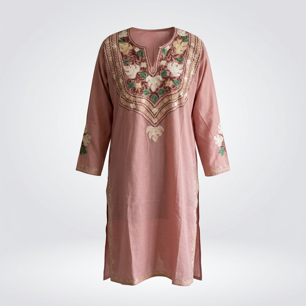 Mauve Kashmiri Long Kurti – Floral Machine Embroidery | Summer Cotton