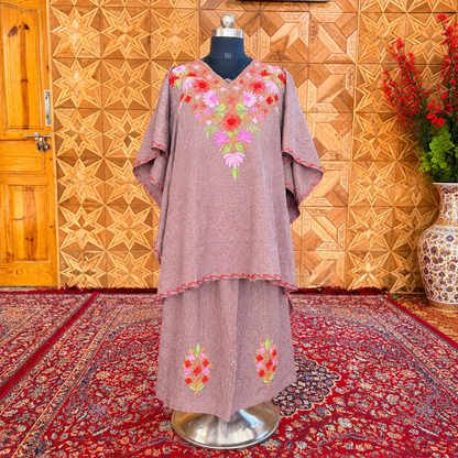 Mauve Crush Kashmiri Kaftan Set for Women | Machine Embroidered with Matching Bottom