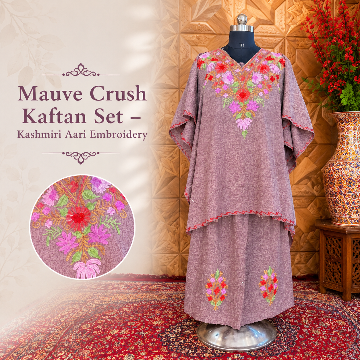 Mauve Crush Kashmiri Kaftan Set for Women | Machine Embroidered with Matching Bottom