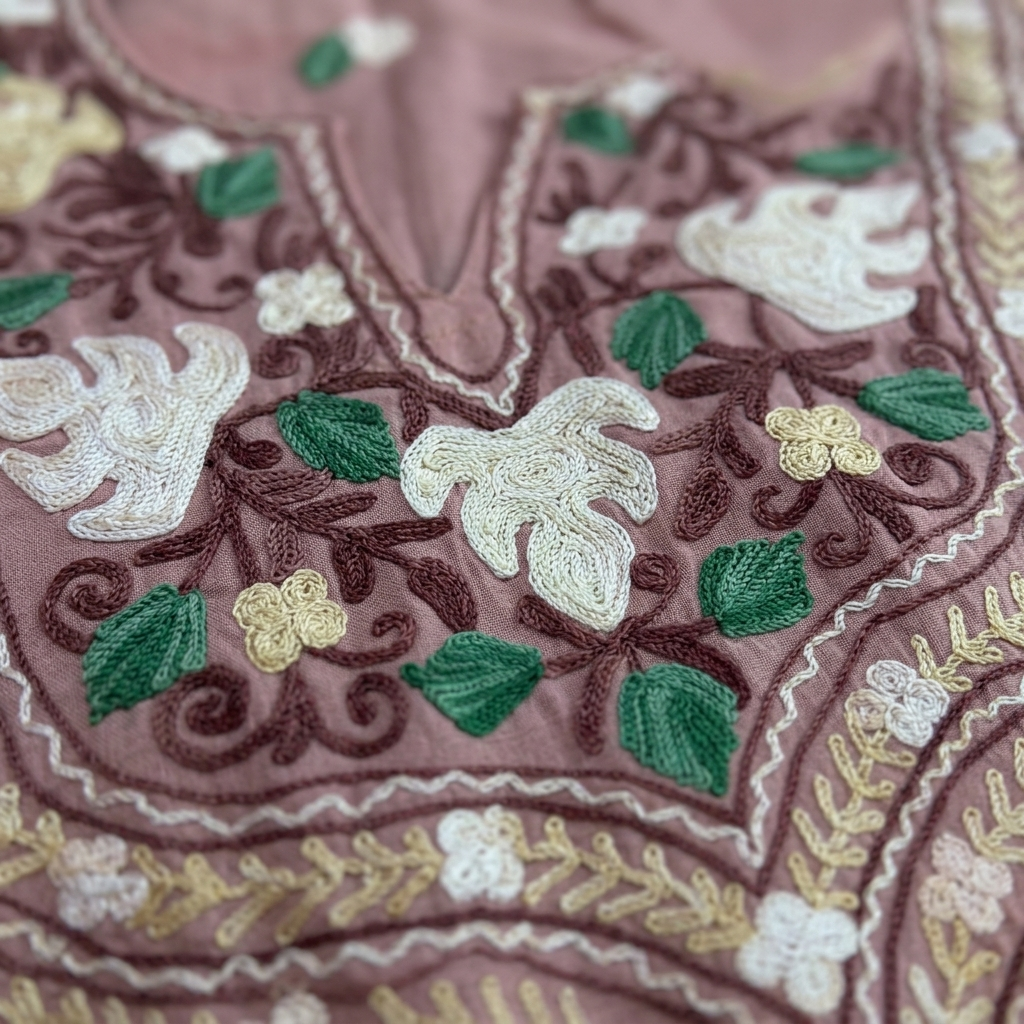 Mauve Kashmiri Long Kurti – Floral Machine Embroidery | Summer Cotton