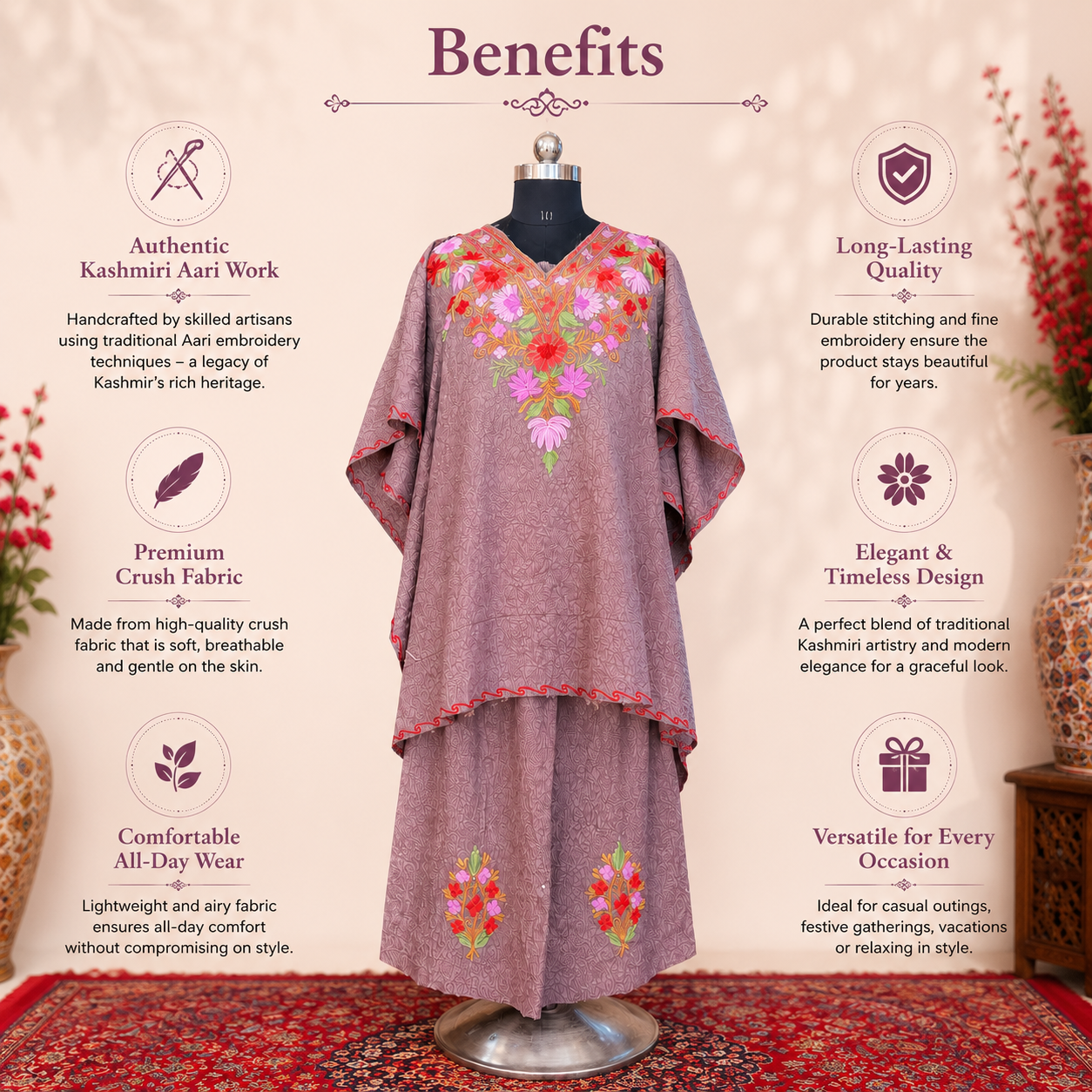 Mauve Crush Kashmiri Kaftan Set for Women | Machine Embroidered with Matching Bottom