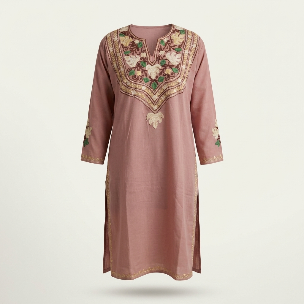 Mauve Kashmiri Long Kurti – Floral Machine Embroidery | Summer Cotton