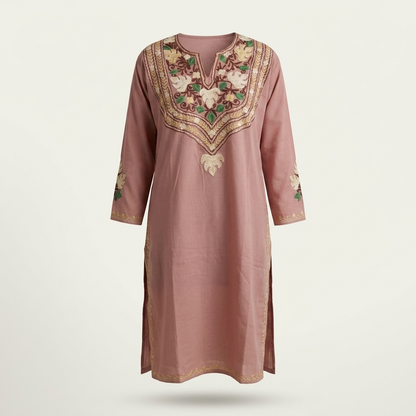 Mauve Kashmiri Long Kurti – Floral Machine Embroidery | Summer Cotton