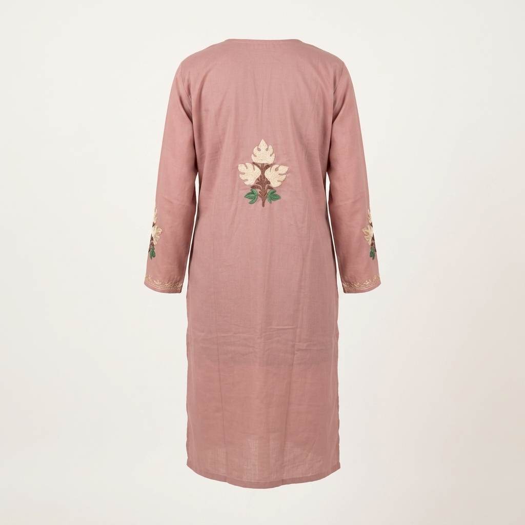 Mauve Kashmiri Long Kurti – Floral Machine Embroidery | Summer Cotton