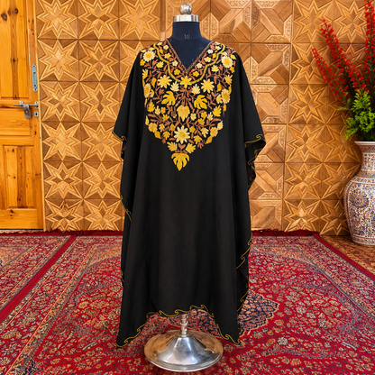 Midnight Black Kashmiri Long Kaftan for Women | Machine Embroidered Crush Kaftan
