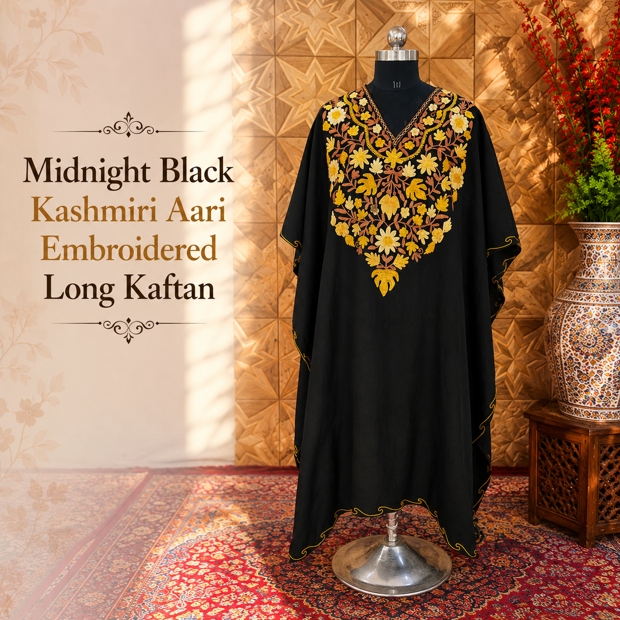 Midnight Black Kashmiri Long Kaftan for Women | Machine Embroidered Crush Kaftan