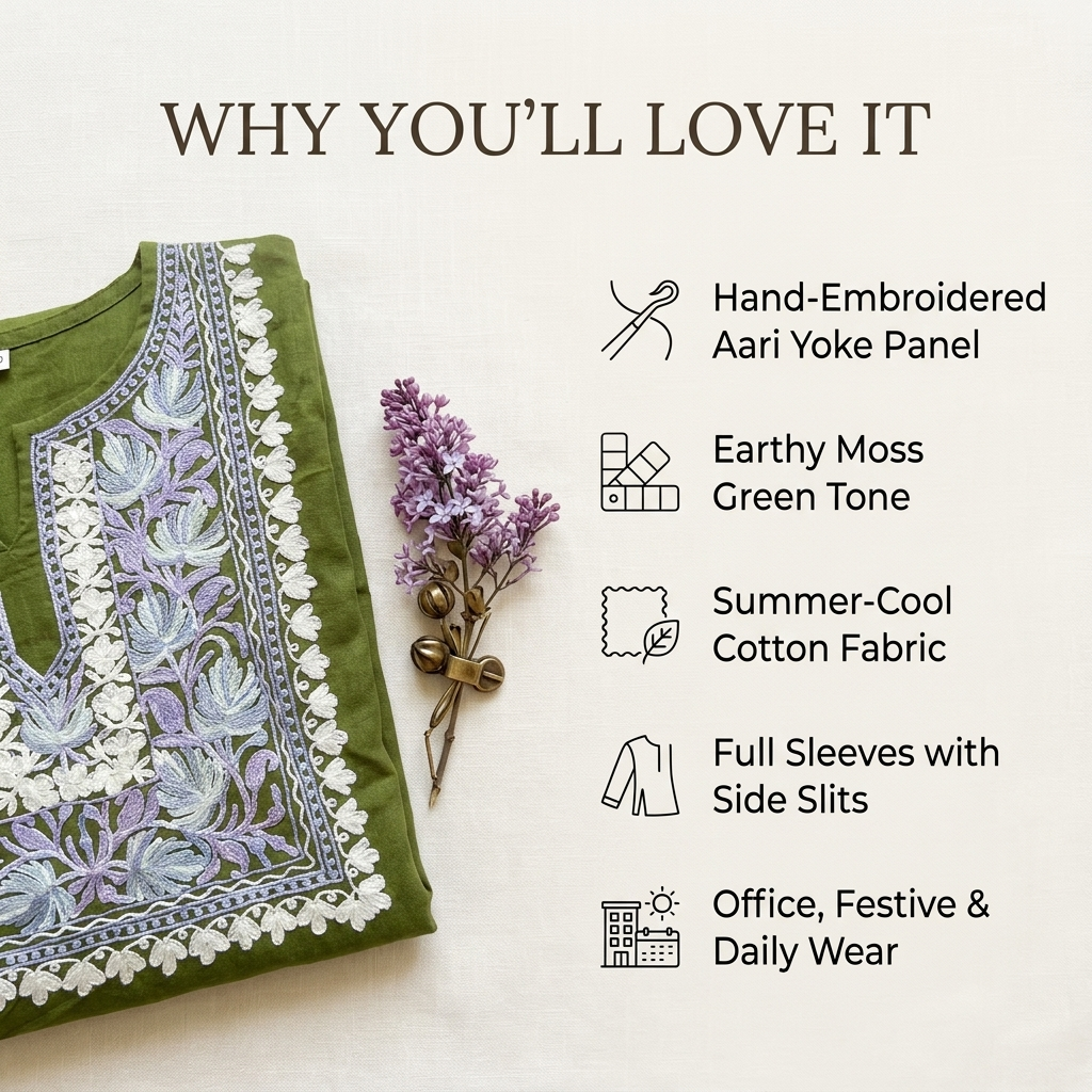Moss Green Kashmiri Short Kurti for Women — Machine Embroidered Designer Kurti