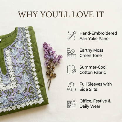 Moss Green Kashmiri Short Kurti for Women — Machine Embroidered Designer Kurti