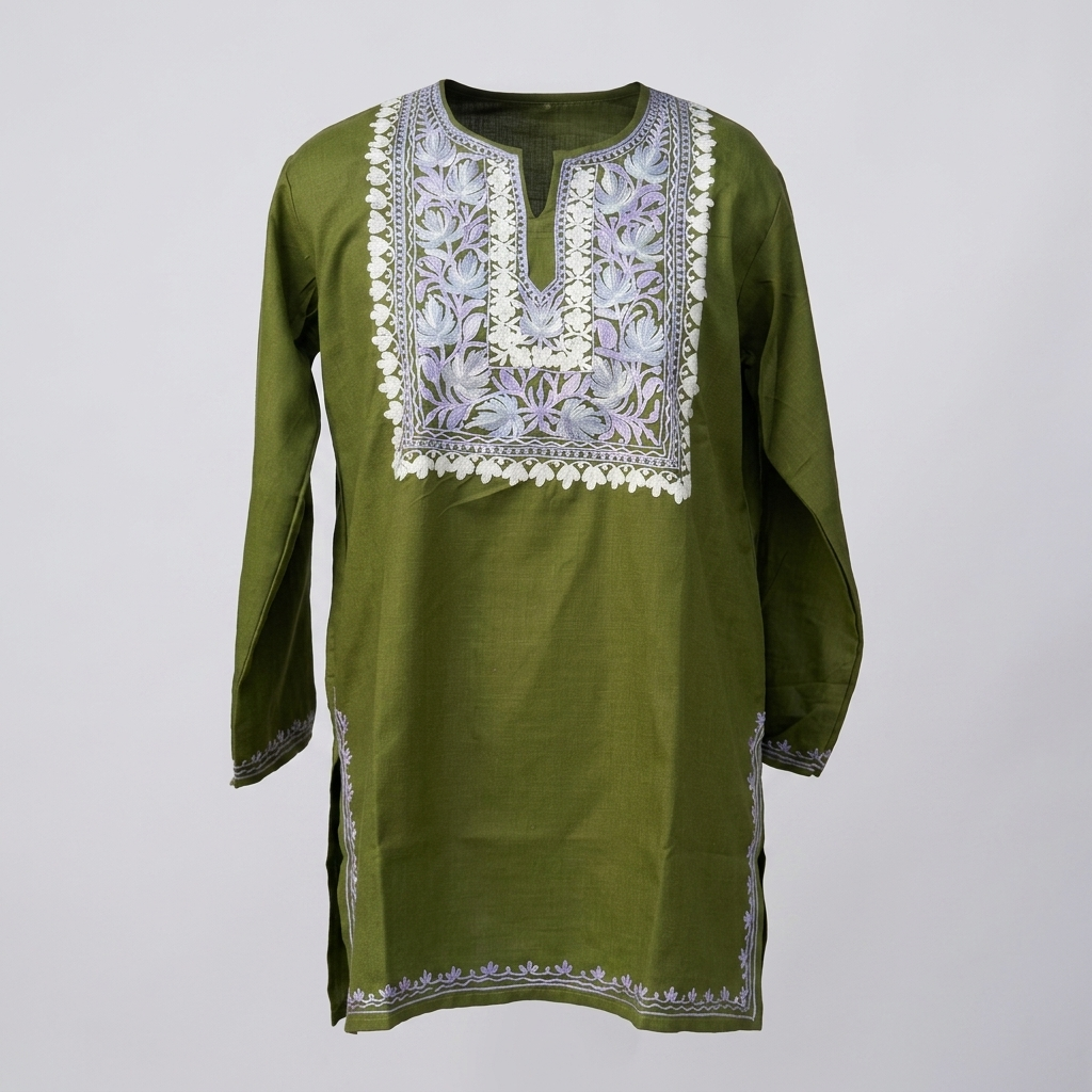 Moss Green Kashmiri Short Kurti for Women — Machine Embroidered Designer Kurti