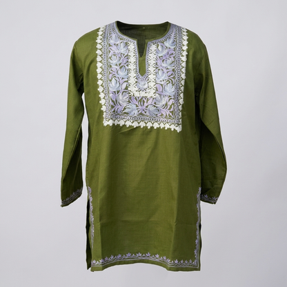 Moss Green Kashmiri Short Kurti for Women — Machine Embroidered Designer Kurti