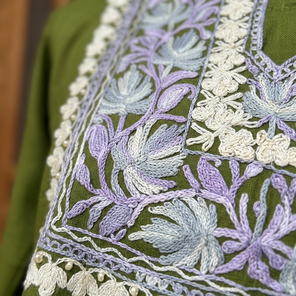Moss Green Kashmiri Short Kurti for Women — Machine Embroidered Designer Kurti