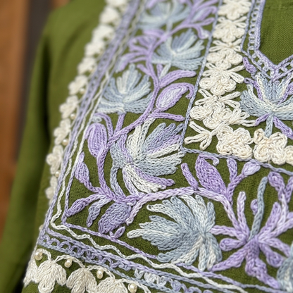Moss Green Kashmiri Short Kurti for Women — Machine Embroidered Designer Kurti
