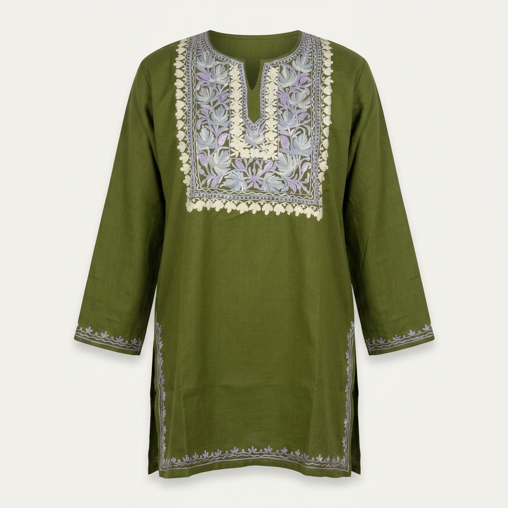 Moss Green Kashmiri Short Kurti for Women — Machine Embroidered Designer Kurti