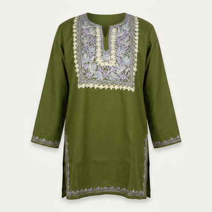 Moss Green Kashmiri Short Kurti for Women — Machine Embroidered Designer Kurti