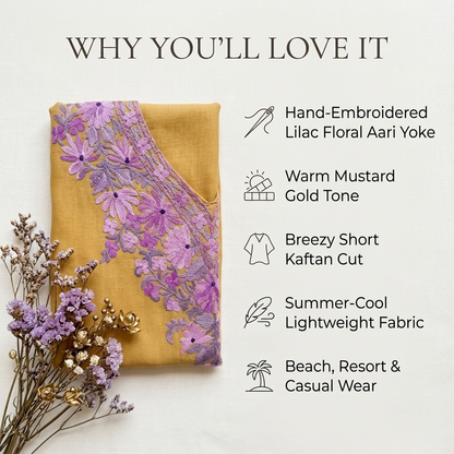 Mustard Gold Kashmiri Short Kaftan for Women | Machine Embroidered Summer Cool