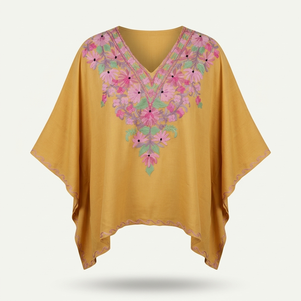 Mustard Gold Kashmiri Short Kaftan for Women | Machine Embroidered Summer Cool
