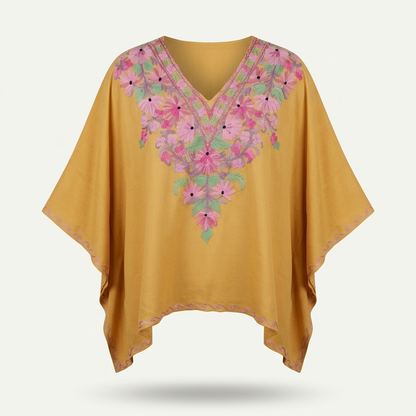 Mustard Gold Kashmiri Short Kaftan for Women | Machine Embroidered Summer Cool