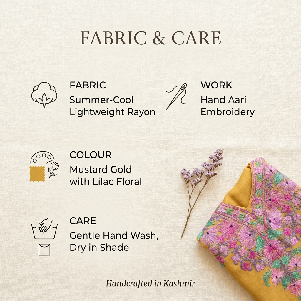 Mustard Gold Kashmiri Short Kaftan for Women | Machine Embroidered Summer Cool