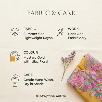 Mustard Gold Kashmiri Short Kaftan for Women | Machine Embroidered Summer Cool