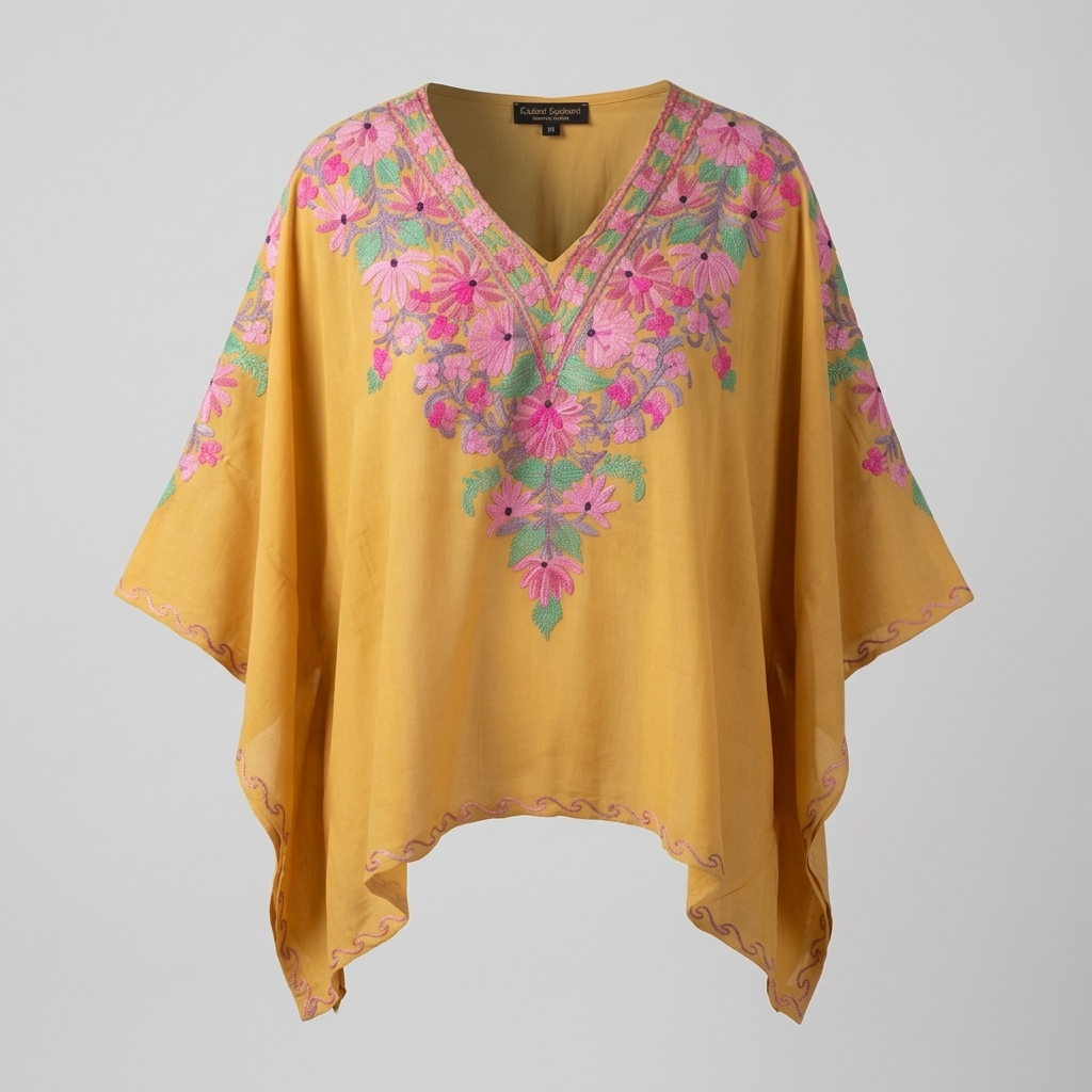 Mustard Gold Kashmiri Short Kaftan for Women | Machine Embroidered Summer Cool
