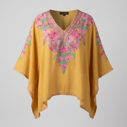 Mustard Gold Kashmiri Short Kaftan for Women | Machine Embroidered Summer Cool