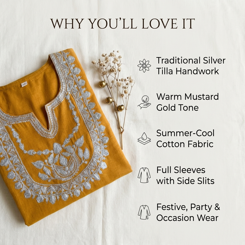 Mustard Kashmiri Tilla Work Short Kurti for Women — Machine Embroidered Kurti