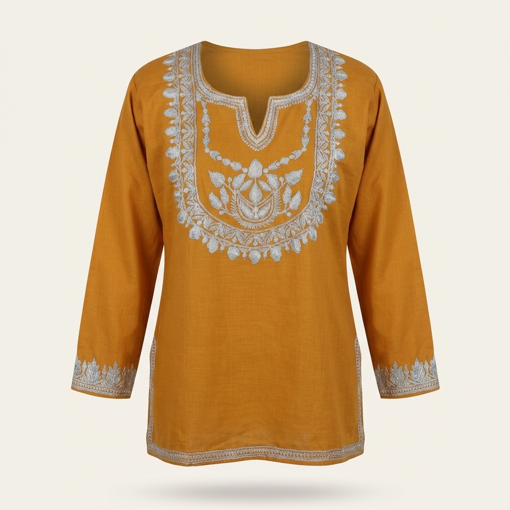 Mustard Kashmiri Tilla Work Short Kurti for Women — Machine Embroidered Kurti