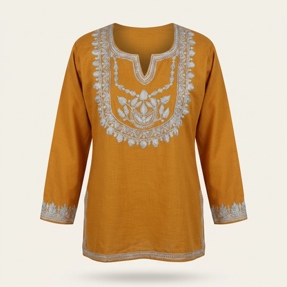 Mustard Kashmiri Tilla Work Short Kurti for Women — Machine Embroidered Kurti