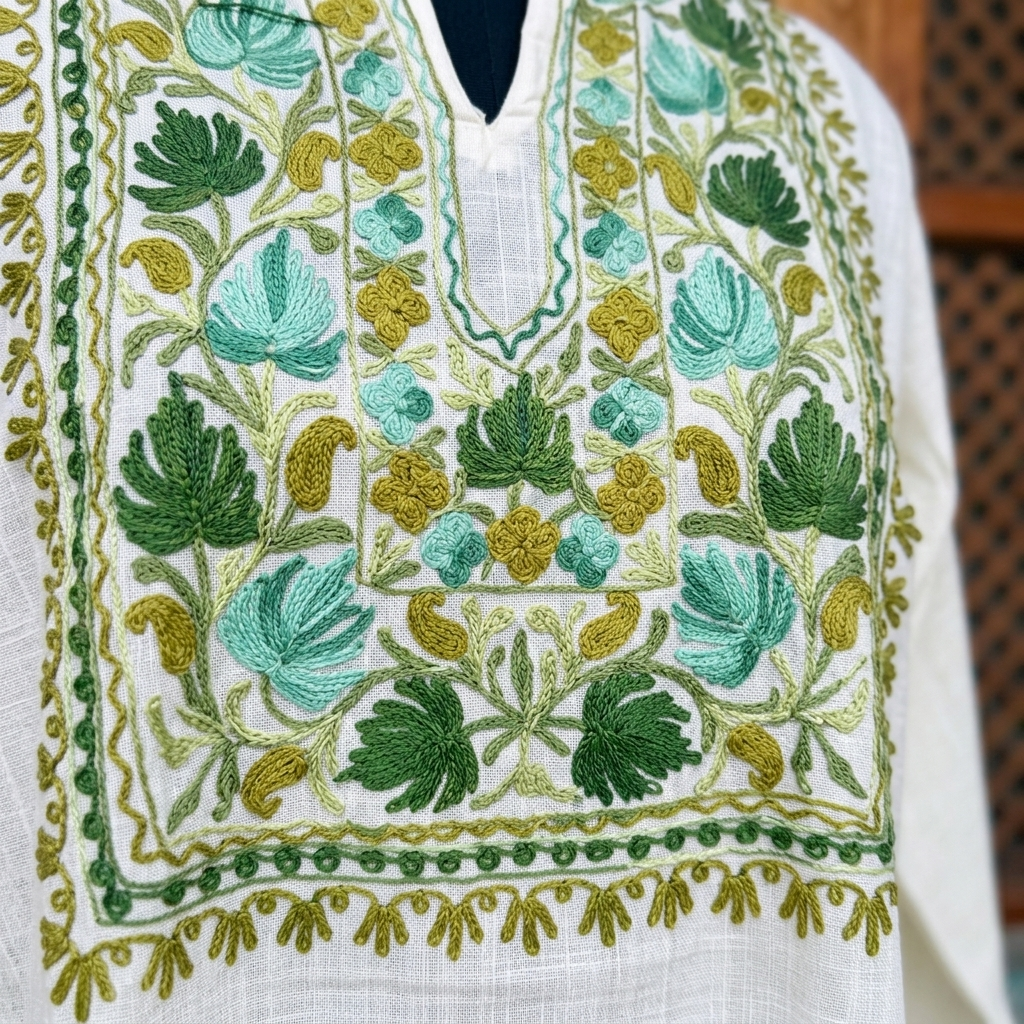 Off-White Kashmiri Short Kurti for Women — Machine Embroidered Designer Kurti