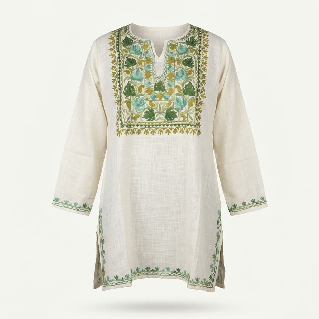 Off-White Kashmiri Short Kurti for Women — Machine Embroidered Designer Kurti