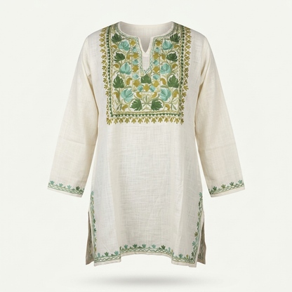 Off-White Kashmiri Short Kurti for Women — Machine Embroidered Designer Kurti