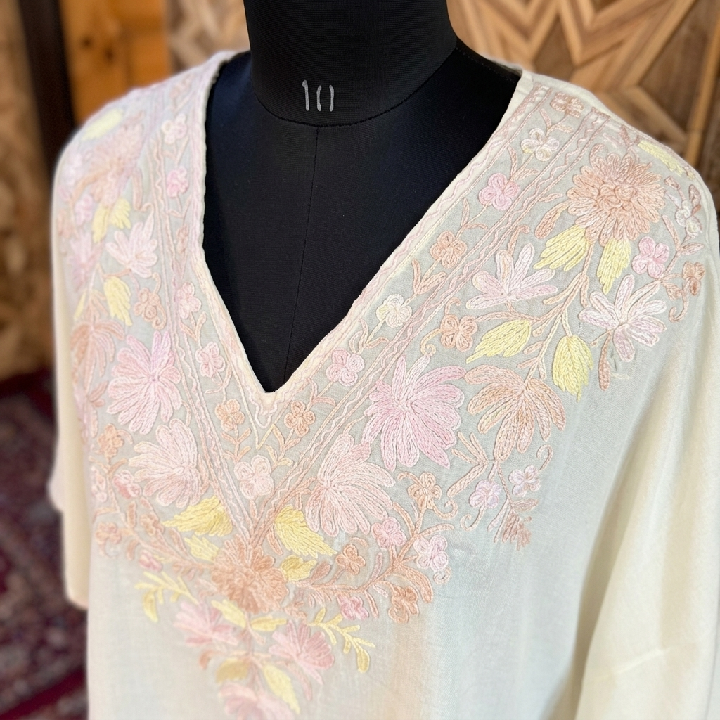 Off-White Pastel Floral Kashmiri Short Kaftan for Women | Machine Embroidered Summer Cool