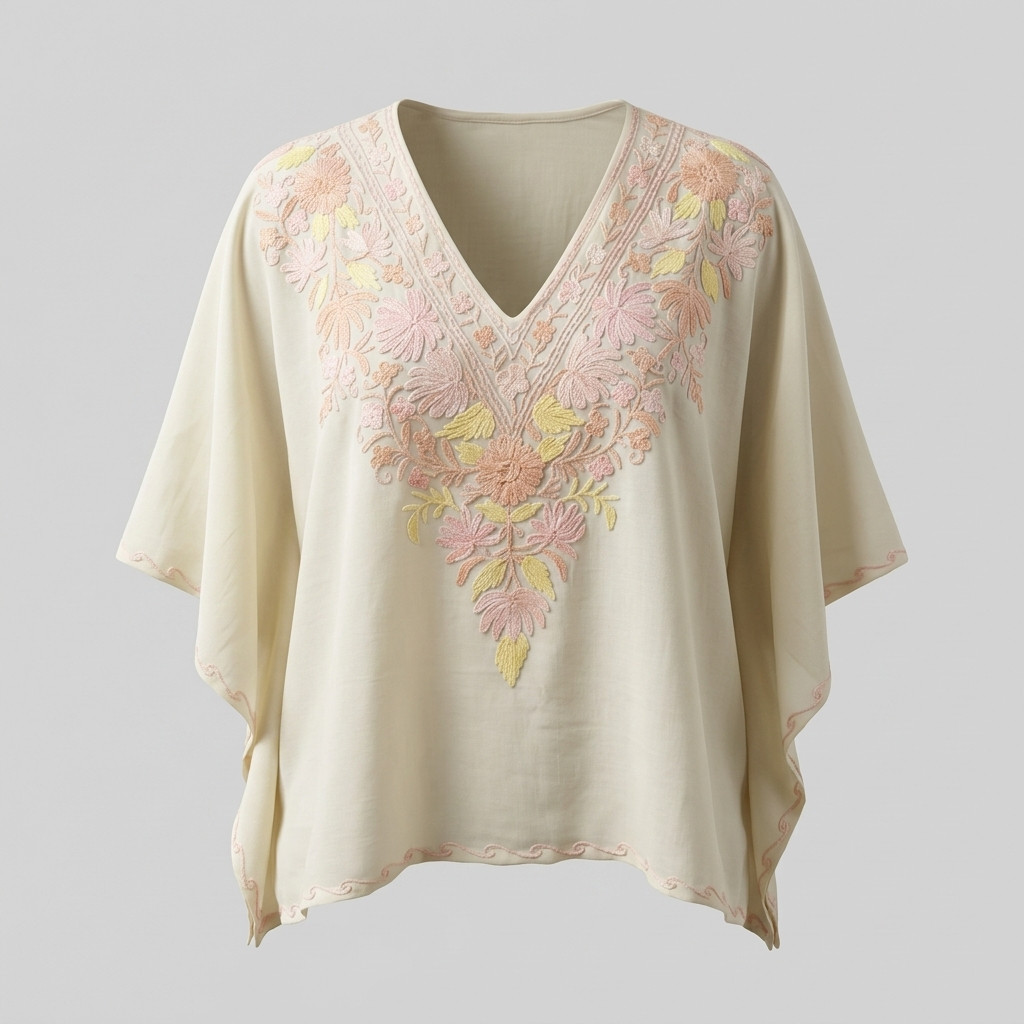 Off-White Pastel Floral Kashmiri Short Kaftan for Women | Machine Embroidered Summer Cool