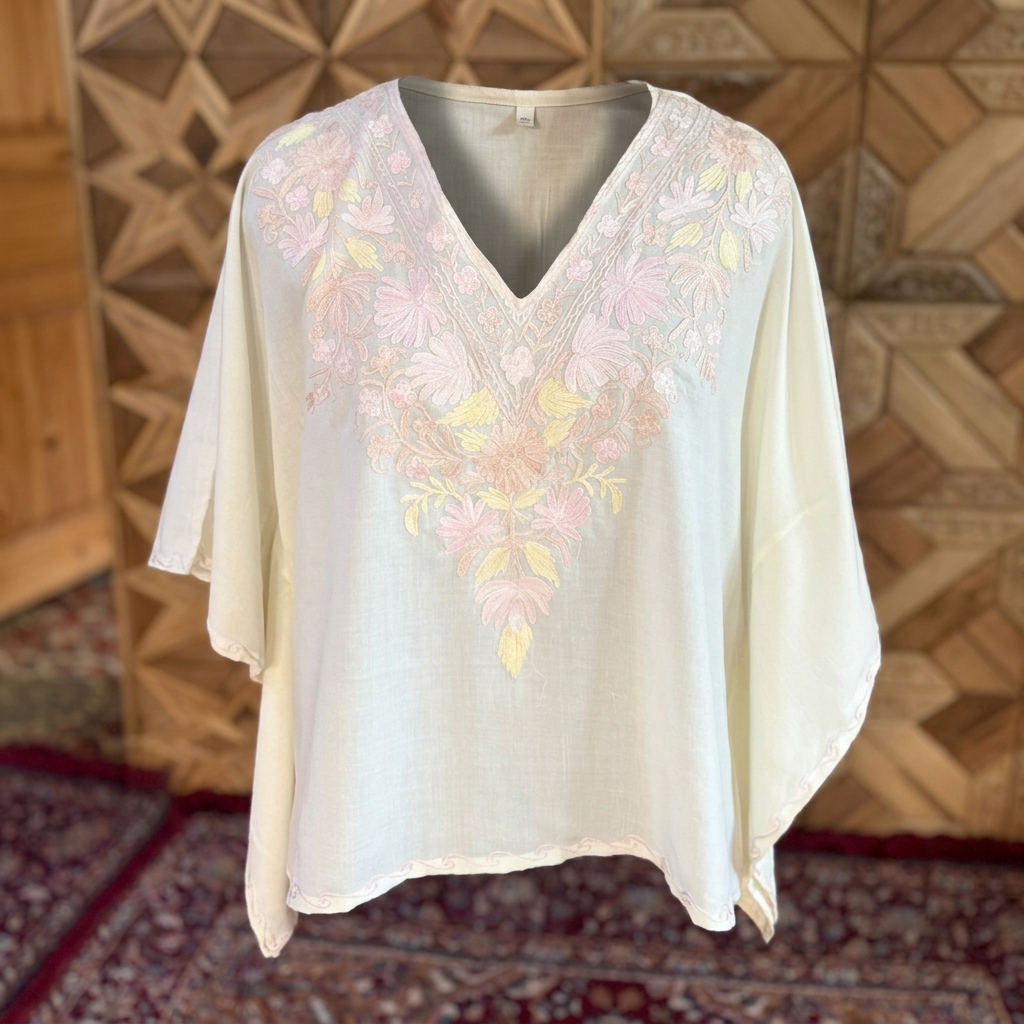 Off-White Pastel Floral Kashmiri Short Kaftan for Women | Machine Embroidered Summer Cool