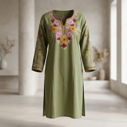 Olive Green Kashmiri Long Kurti – Multicolor Floral | Summer Cotton