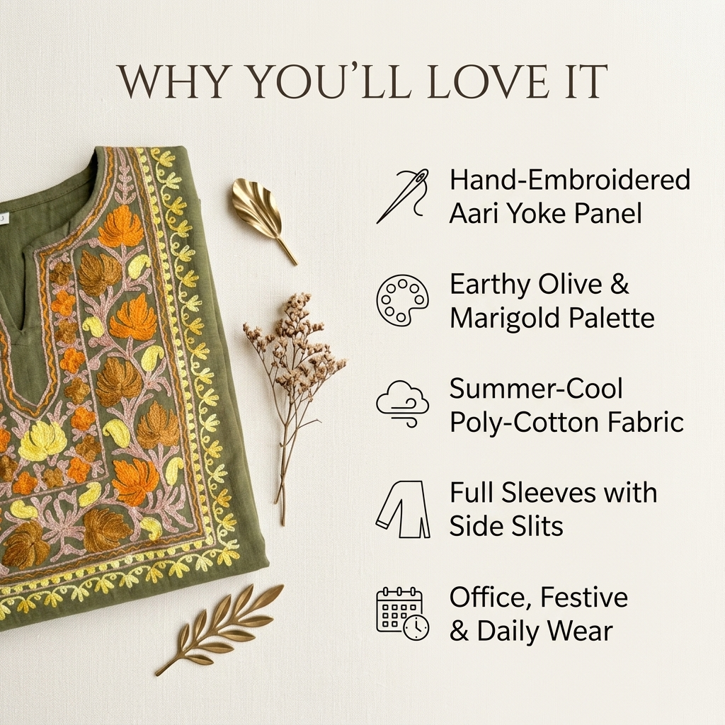 Olive Green Kashmiri Short Kurti for Women — Machine Embroidered Designer Kurti