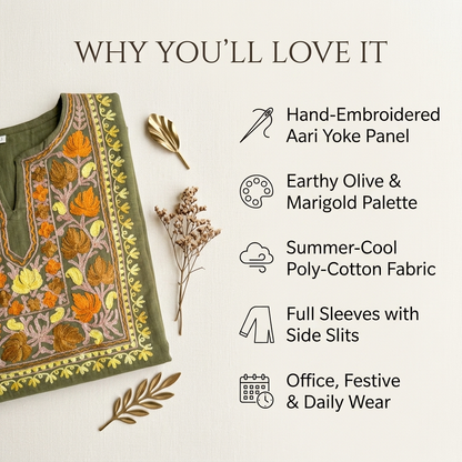 Olive Green Kashmiri Short Kurti for Women — Machine Embroidered Designer Kurti