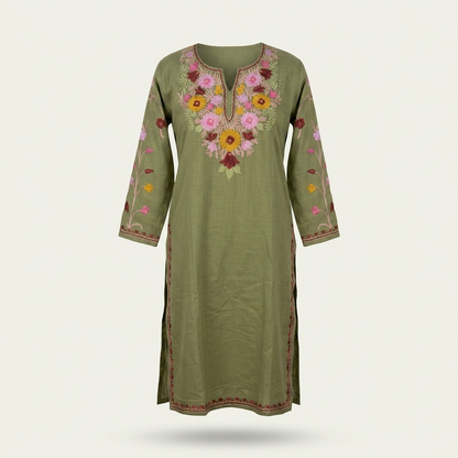 Olive Green Kashmiri Long Kurti – Multicolor Floral | Summer Cotton