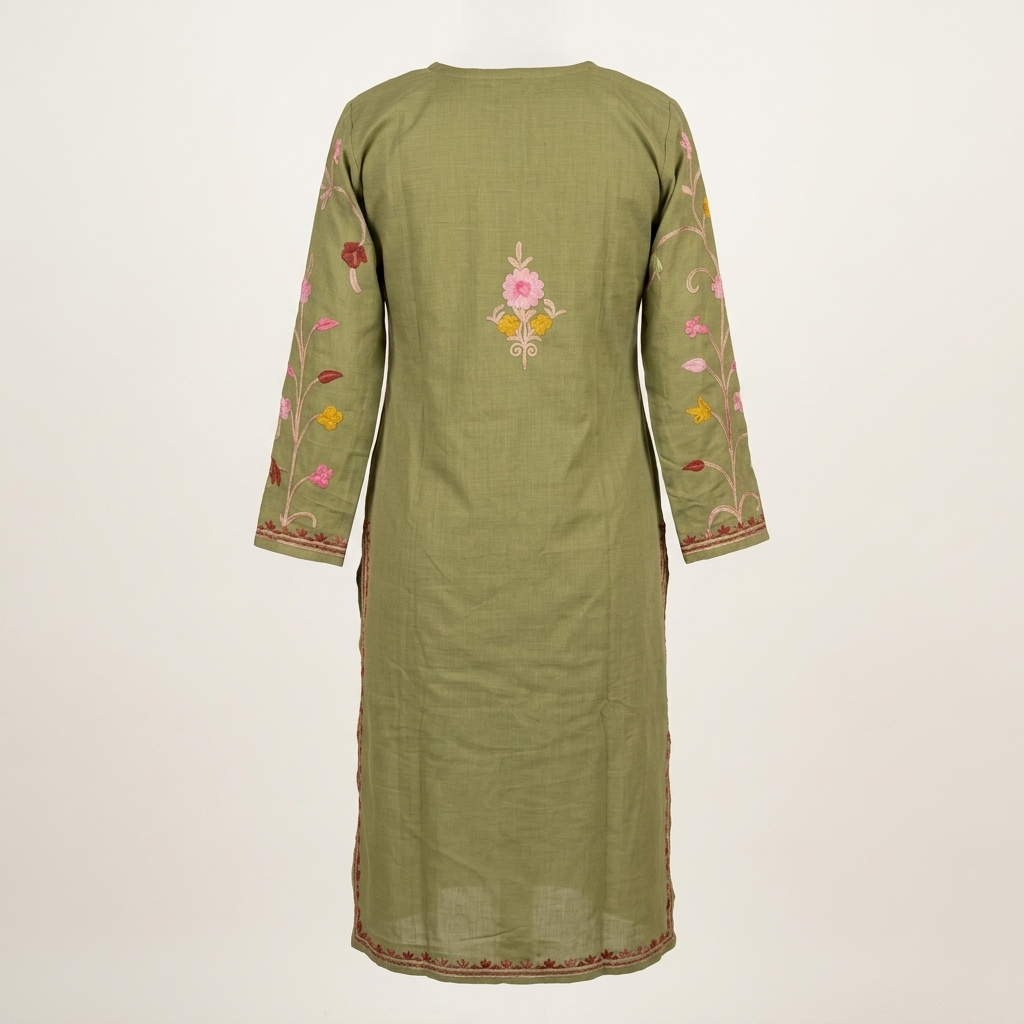 Olive Green Kashmiri Long Kurti – Multicolor Floral | Summer Cotton