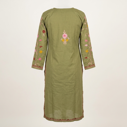Olive Green Kashmiri Long Kurti – Multicolor Floral | Summer Cotton