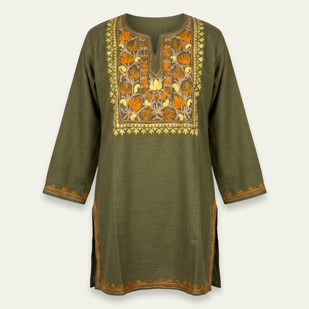 Olive Green Kashmiri Short Kurti for Women — Machine Embroidered Designer Kurti