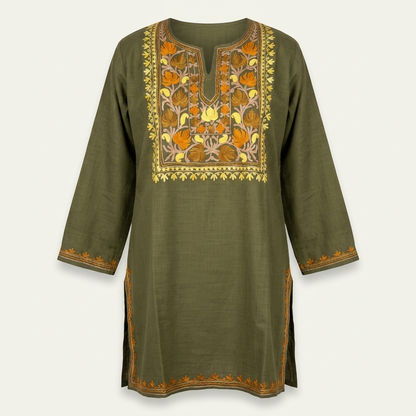 Olive Green Kashmiri Short Kurti for Women — Machine Embroidered Designer Kurti