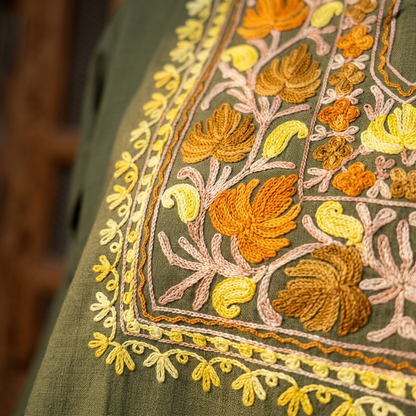 Olive Green Kashmiri Short Kurti for Women — Machine Embroidered Designer Kurti