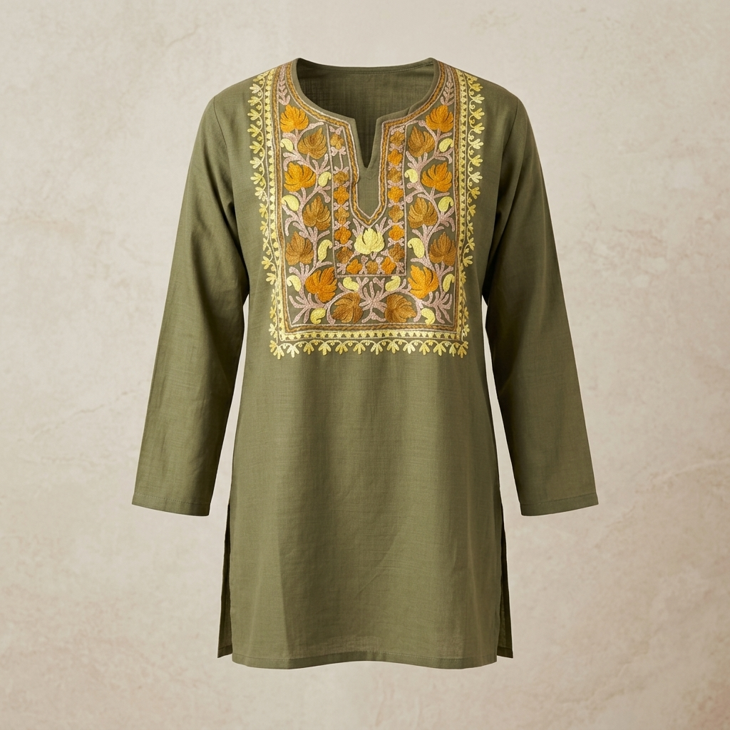 Olive Green Kashmiri Short Kurti for Women — Machine Embroidered Designer Kurti