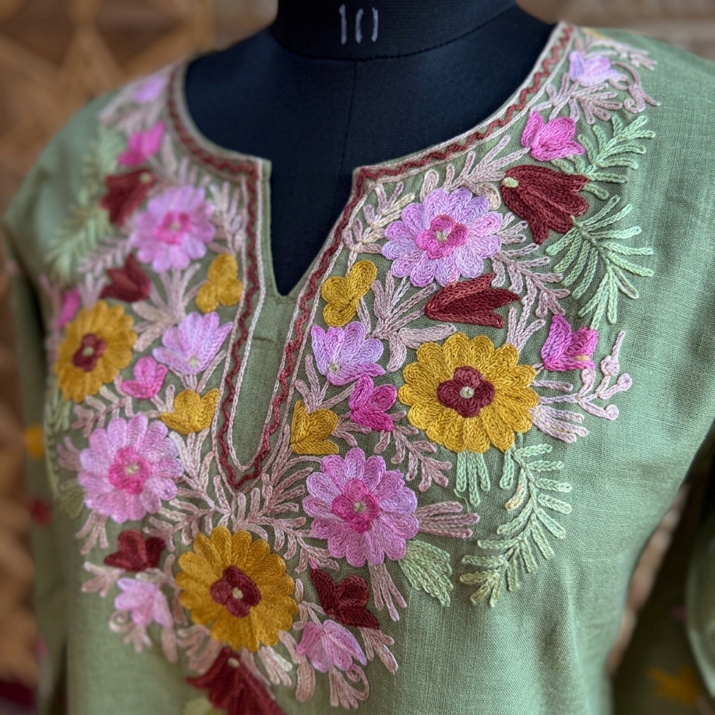 Olive Green Kashmiri Long Kurti – Multicolor Floral | Summer Cotton