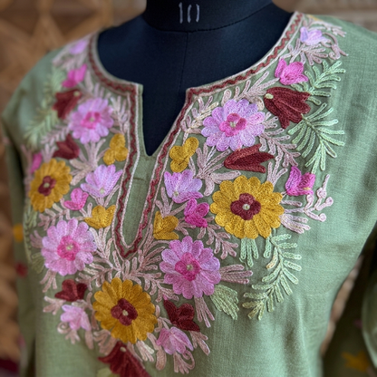 Olive Green Kashmiri Long Kurti – Multicolor Floral | Summer Cotton