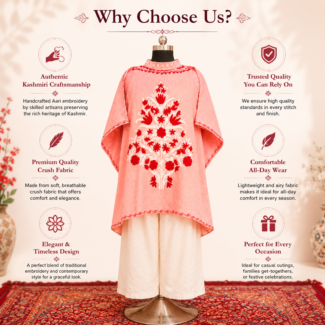 Peach Crush Kashmiri Short Kaftan Set for Women | Machine Embroidered with Matching Bottom