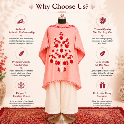 Peach Crush Kashmiri Short Kaftan Set for Women | Machine Embroidered with Matching Bottom