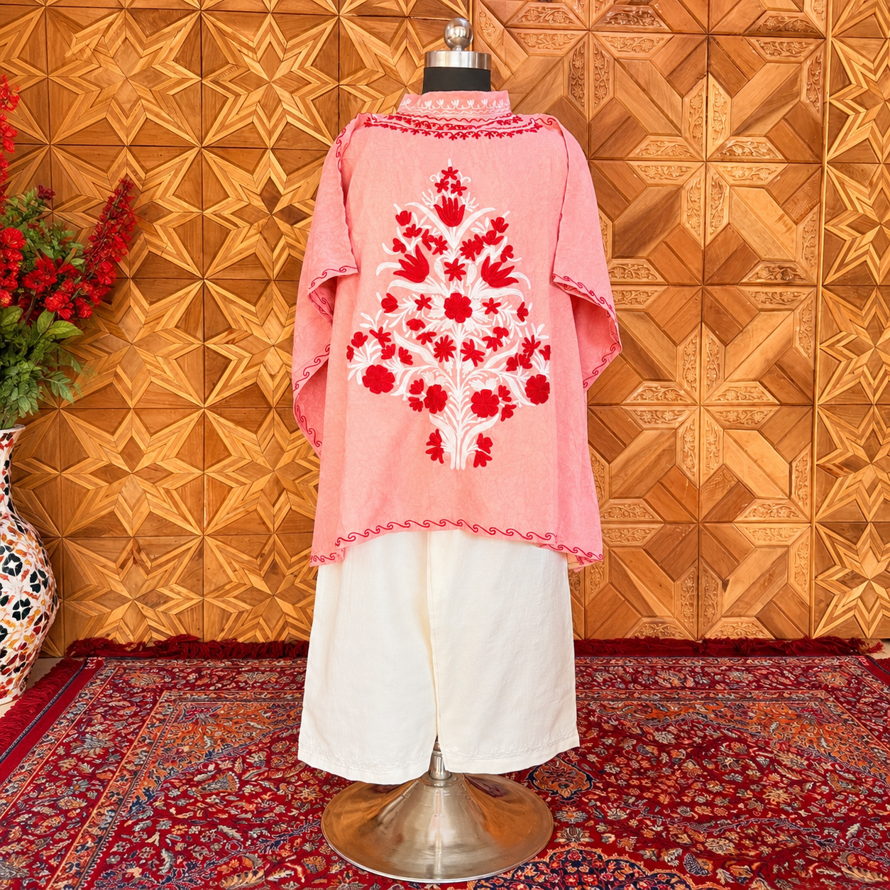 Peach Crush Kashmiri Short Kaftan Set for Women | Machine Embroidered with Matching Bottom