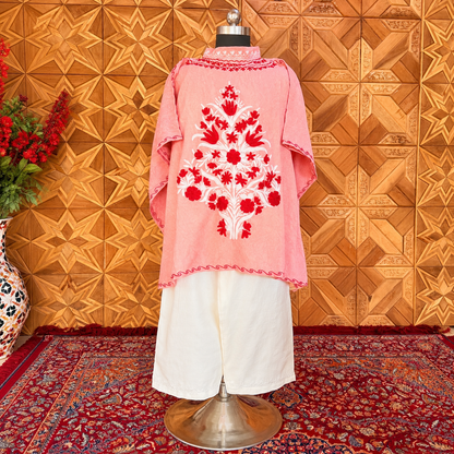 Peach Crush Kashmiri Short Kaftan Set for Women | Machine Embroidered with Matching Bottom